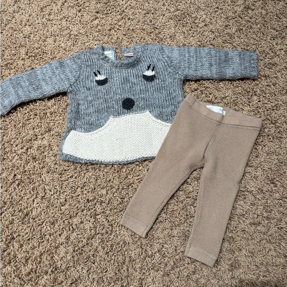 Zara Boys Set Gray and Cream Sweater with Tan Pants Set